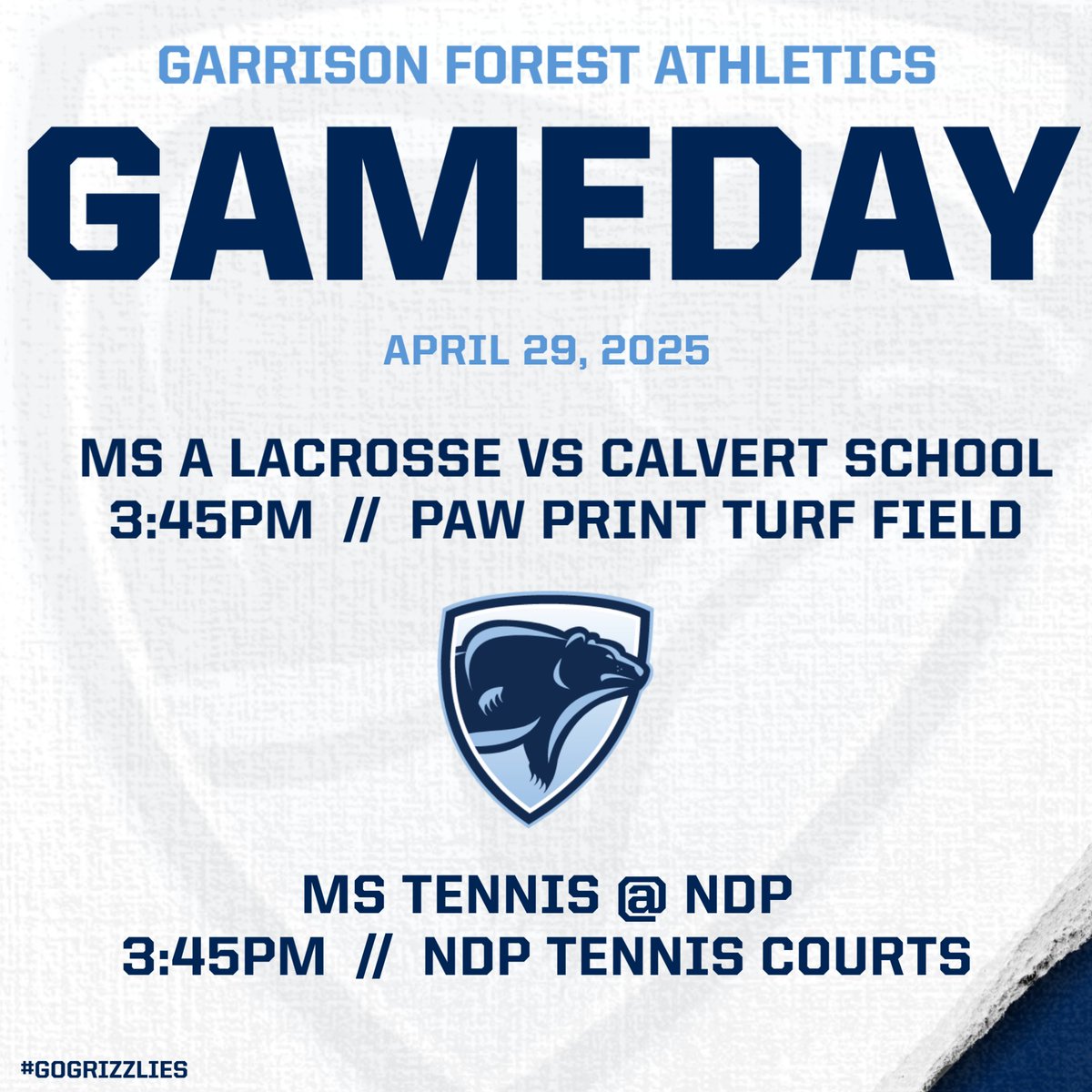 Good luck to our Middle School teams today!  MS A Lacrosse plays Calvert School at home today.  We hope to see you there with your Grizzly spirit! MS Tennis is on the road to take on the NDP Blazers.  Let's go Grizzlies!!!  #GOGRIZZLIES
