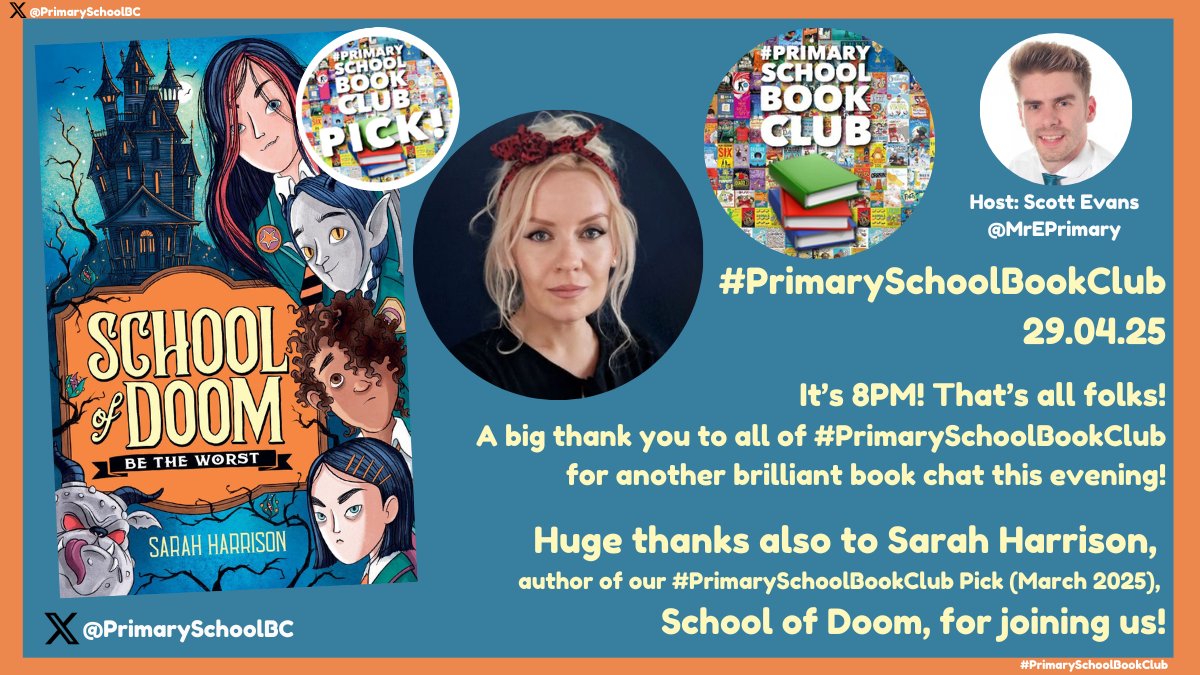 #PrimarySchoolBookClub (@primaryschoolbc) on Twitter photo 🕗It’s 8PM. That’s all folks!
👏Big thanks #PrimarySchoolBookClub for another brilliant book chat this evening! Keep reading!
✍️HUGE thanks to Sarah Harrison <a href="/SarahHarrisons/">Sarah Harrison</a>, author of #PrimarySchoolBookClub Pick #SchoolOfDoom🏫 for joining us.
<a href="/chickenhsebooks/">Chicken House</a> 🕗It’s 8PM. That’s all folks!
👏Big thanks #PrimarySchoolBookClub for another brilliant book chat this evening! Keep reading!
✍️HUGE thanks to Sarah Harrison <a href="/SarahHarrisons/">Sarah Harrison</a>, author of #PrimarySchoolBookClub Pick #SchoolOfDoom🏫 for joining us.
<a href="/chickenhsebooks/">Chicken House</a>