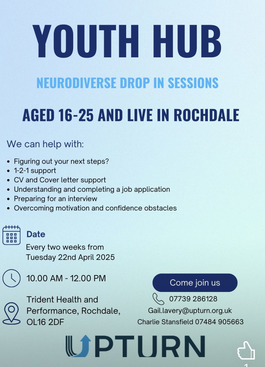 UpTurn are hosting neurodiverse drop in sessions for anyone aged 16-25.  The next event takes place on the 6th of May and then fortnightly.

#learningforlife #watergrovetrust #providingmore #raisingrochdale