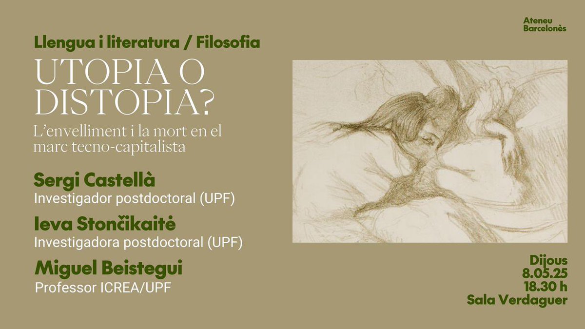 Secció de Llengua i Literatura (@liteateneubcn) on Twitter photo Aquest maig acollirem el cicle "Desitjar, maternar, envellir i esperar", que llegirà Atwood, Houllebecq i Ishiguro a través de la lògica i el malestar tecno-capitalista. Acollirem diversos investigadors de la <a href="/UPFBarcelona/">UPF Barcelona</a>, la <a href="/UniBarcelona/">Universitat de Barcelona</a> i l'ICREA.
🪑Obert i gratuït! Aquest maig acollirem el cicle "Desitjar, maternar, envellir i esperar", que llegirà Atwood, Houllebecq i Ishiguro a través de la lògica i el malestar tecno-capitalista. Acollirem diversos investigadors de la <a href="/UPFBarcelona/">UPF Barcelona</a>, la <a href="/UniBarcelona/">Universitat de Barcelona</a> i l'ICREA.
🪑Obert i gratuït!