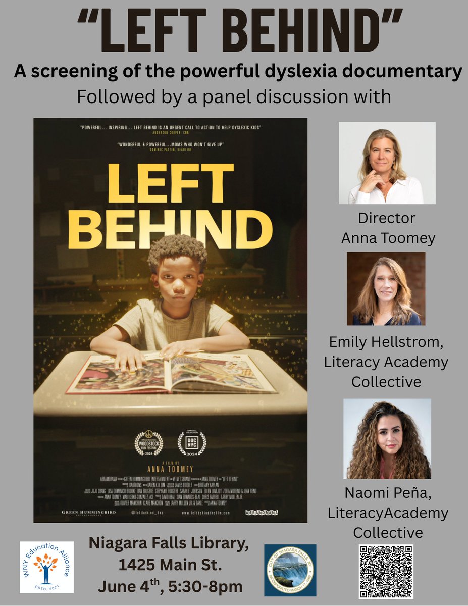 We are proud to announce the screening of the powerful #dyslexia documentary #LeftBehind in Niagara Falls on June 4th, 5:30-8pm, co-hosted with us by the Niagara Falls Mayor's Office!
1/

#literacy #reading #wnyliteracyinitiative

eventbrite.com/e/134333230608…