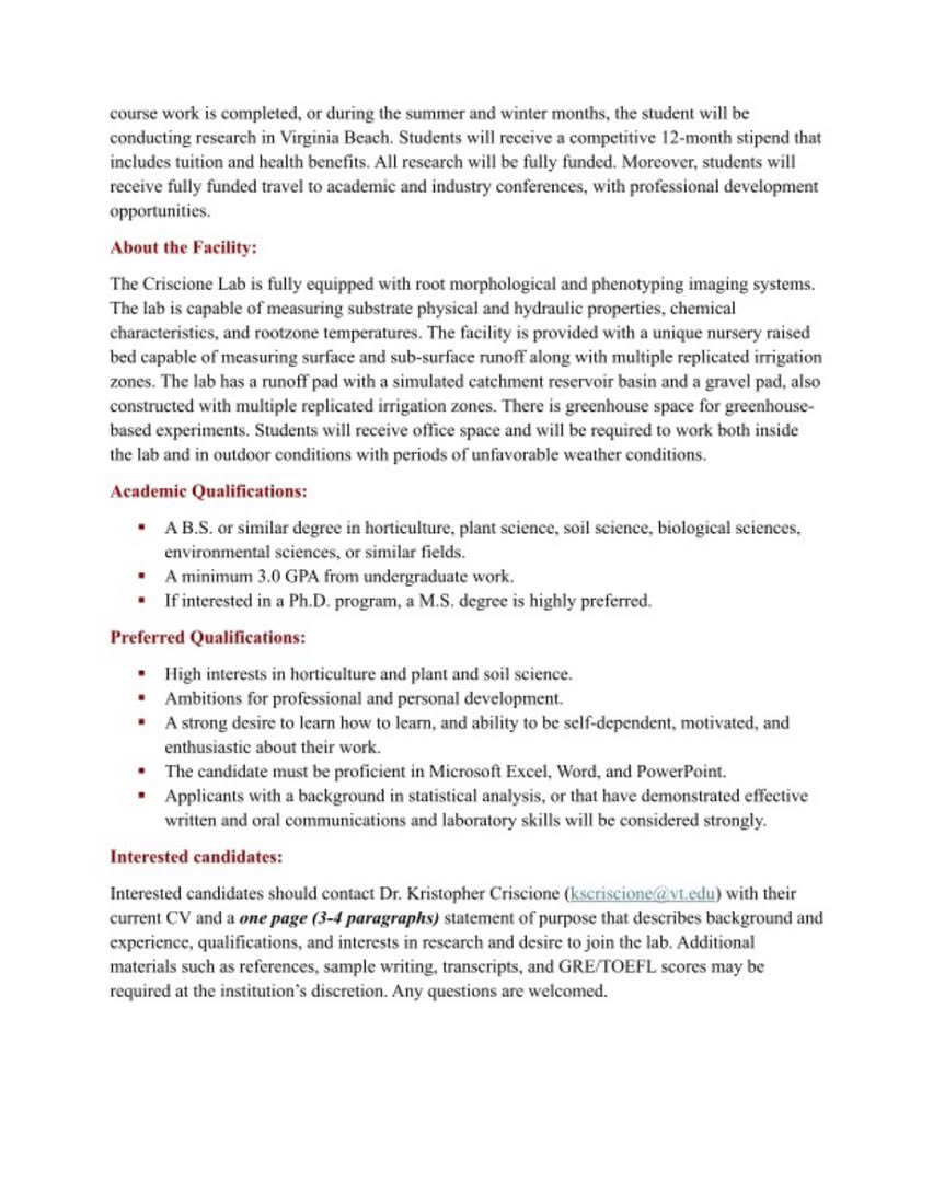 Fully-funded PhD and Masters position as a Graduate Research Assistant (GRA) for those in the field of plant science, horticulture, soil science, biological science or environmental science. Offer comes with a monthly stipend and health insurance package.