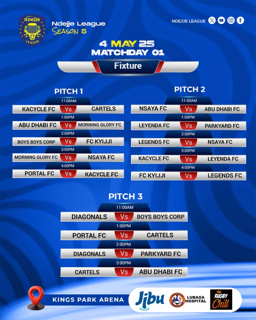 🚨 FIXTURES OUT 🚨

It’s 5️⃣ days to go and we’re cooking early drama across 3 PITCHES!

Matchday 1 - 4th May
<a href="/Kingsparkarena/">King's Park Arena</a> becomes the battleground. 

Who’s ready?

#NdejjeLeague2025 #Season5