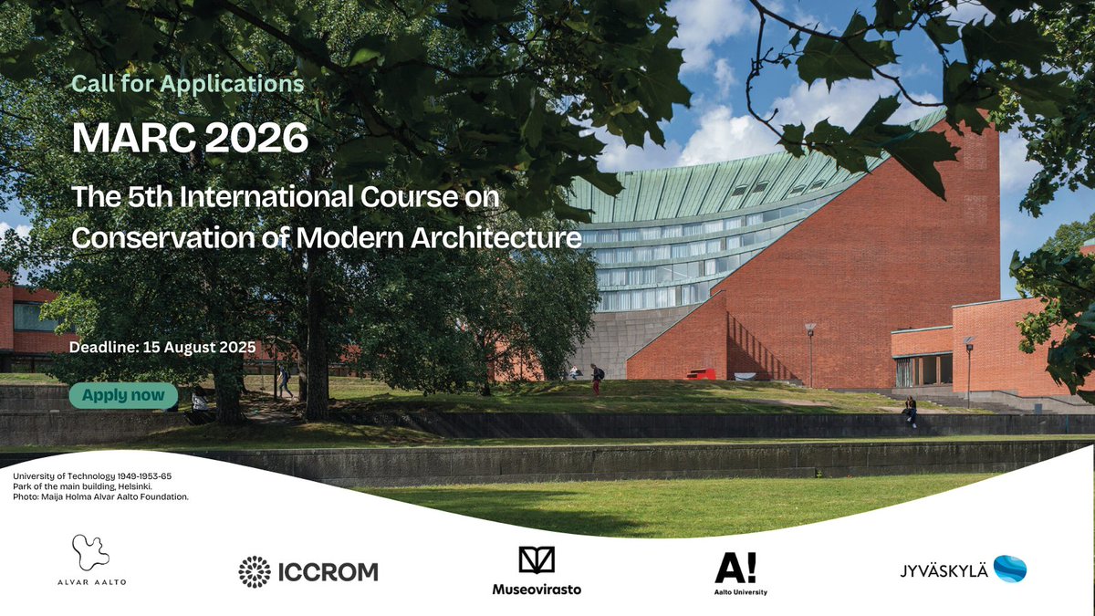 Join the 5th International Course on Conservation of Modern Architecture – MODERNISM IN FLUX!

Organized by the <a href="/AaltoFoundation/">AlvarAaltoFoundation</a> in partnership with #ICCROM, <a href="/Museovirasto/">Museovirasto</a>, <a href="/AaltoUniversity/">Aalto University</a>, and the City of Jyväskylä, the course aims to reinforce the capacity of specialists in