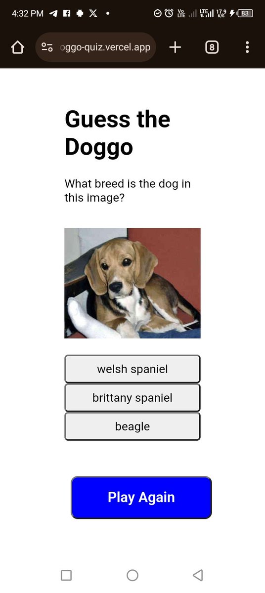 Confidence Adele (@odinaka_adele) on Twitter photo I built a quiz that tests your knowledge on the breeds of dogs, with the help of my wonderful tutor <a href="/chiefEbube_/">Ebube Anyanwu</a>
doggo-quiz.vercel.app
Enjoy the quiz.
#webdesigner
#developer #DeveloperGrowth #tech #Coding #javascript I built a quiz that tests your knowledge on the breeds of dogs, with the help of my wonderful tutor <a href="/chiefEbube_/">Ebube Anyanwu</a>
doggo-quiz.vercel.app
Enjoy the quiz.
#webdesigner
#developer #DeveloperGrowth #tech #Coding #javascript