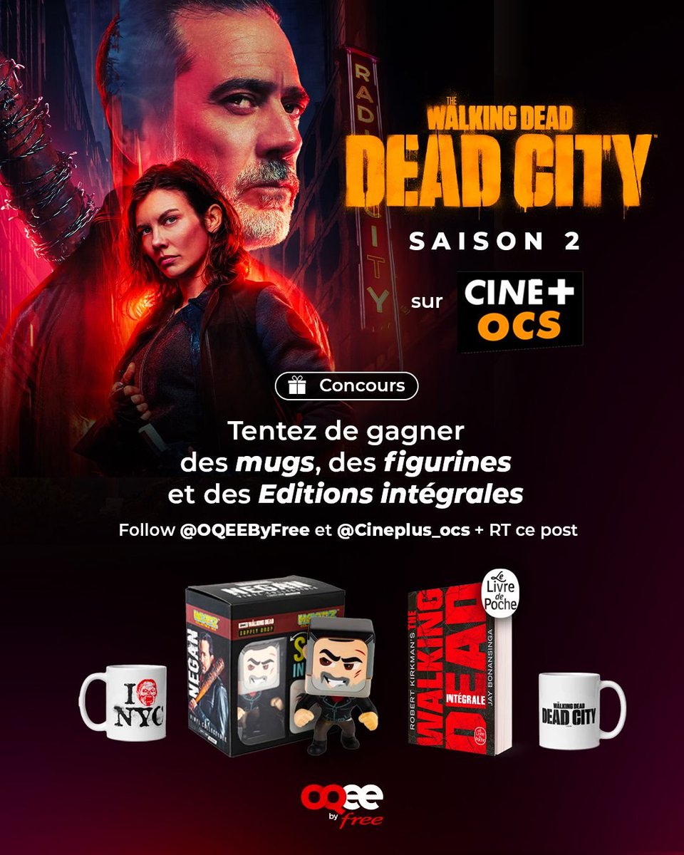 #JeuConcours 🎁

A l'occasion la saison 2 de The Walking Dead : Dead City sur Cine+ OCS, tentez de remporter 15 mugs, 15 figurines et 15 Editions Intégrales The Walking Dead

Pour participer :  
👉<a href="/OQEEbyFree/">OQEE by Free</a> et <a href="/cineplus_ocs/">CINE+ OCS</a> 
👉RT ce post

Tirage au sort le 12 mai 🍀
