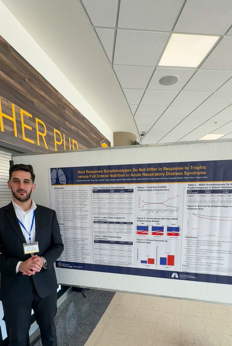 Homam Anees (@hamam_aneis) on Twitter photo Excited to share that my poster “Host Response Subphenotypes Do Not Differ in Response to Trophic vs Full Enteral Nutrition in ARDS” was selected as a winner at the Annual <a href="/PittDeptofMed/">PittDeptofMed</a> Research Day! Grateful for the support and opportunity
<a href="/UPMCMercyIM/">UPMC Mercy Internal Medicine Residency</a> <a href="/PittGIM/">Pitt General Internal Medicine</a> <a href="/PACCSM_fellows/">Pitt PACCSM Fellows</a> Excited to share that my poster “Host Response Subphenotypes Do Not Differ in Response to Trophic vs Full Enteral Nutrition in ARDS” was selected as a winner at the Annual <a href="/PittDeptofMed/">PittDeptofMed</a> Research Day! Grateful for the support and opportunity
<a href="/UPMCMercyIM/">UPMC Mercy Internal Medicine Residency</a> <a href="/PittGIM/">Pitt General Internal Medicine</a> <a href="/PACCSM_fellows/">Pitt PACCSM Fellows</a>