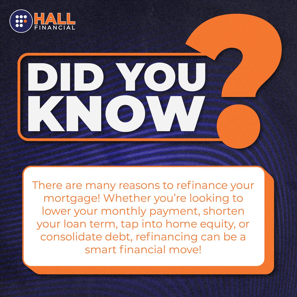 HallFinancial's tweet photo. Refinancing isn't just about getting a lower rate - it can help you achieve a variety of financial goals! Hall Financial is ready to help make the process simple and efficient; let's see if refinancing is the right move for you!

#Refinance #MortgageTips #Homeownership #HallFinancial #NMLS1467435