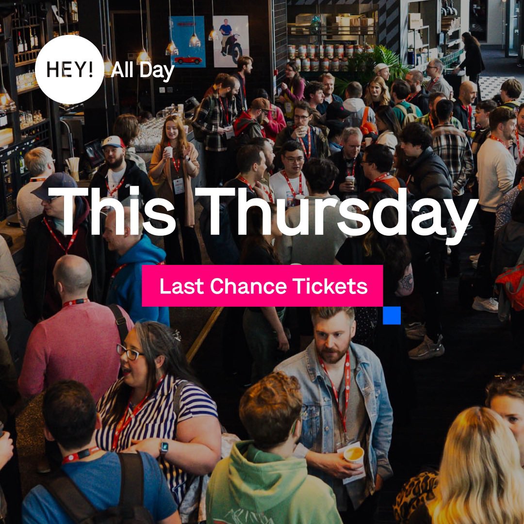 🚨 Last call for All Day Hey! this Thursday!

There's still time to grab a ticket if you're planning on heading down

Talks on accessibility, digital exclusion, using AI for live talk feedback, core skills for any high-performing team and fun with web midi heypresents.com/conferences/20…