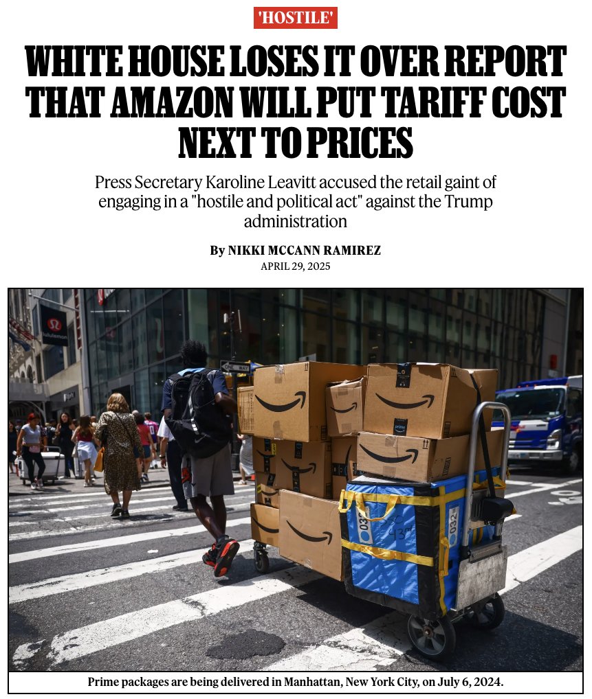 The White House was not happy after it was reported on Tuesday that retail giant Amazon will display tariff-based cost increases next to the price of products on their website, calling the decision “a hostile and political act by Amazon.”

Story: rollingstone.com/politics/polit…