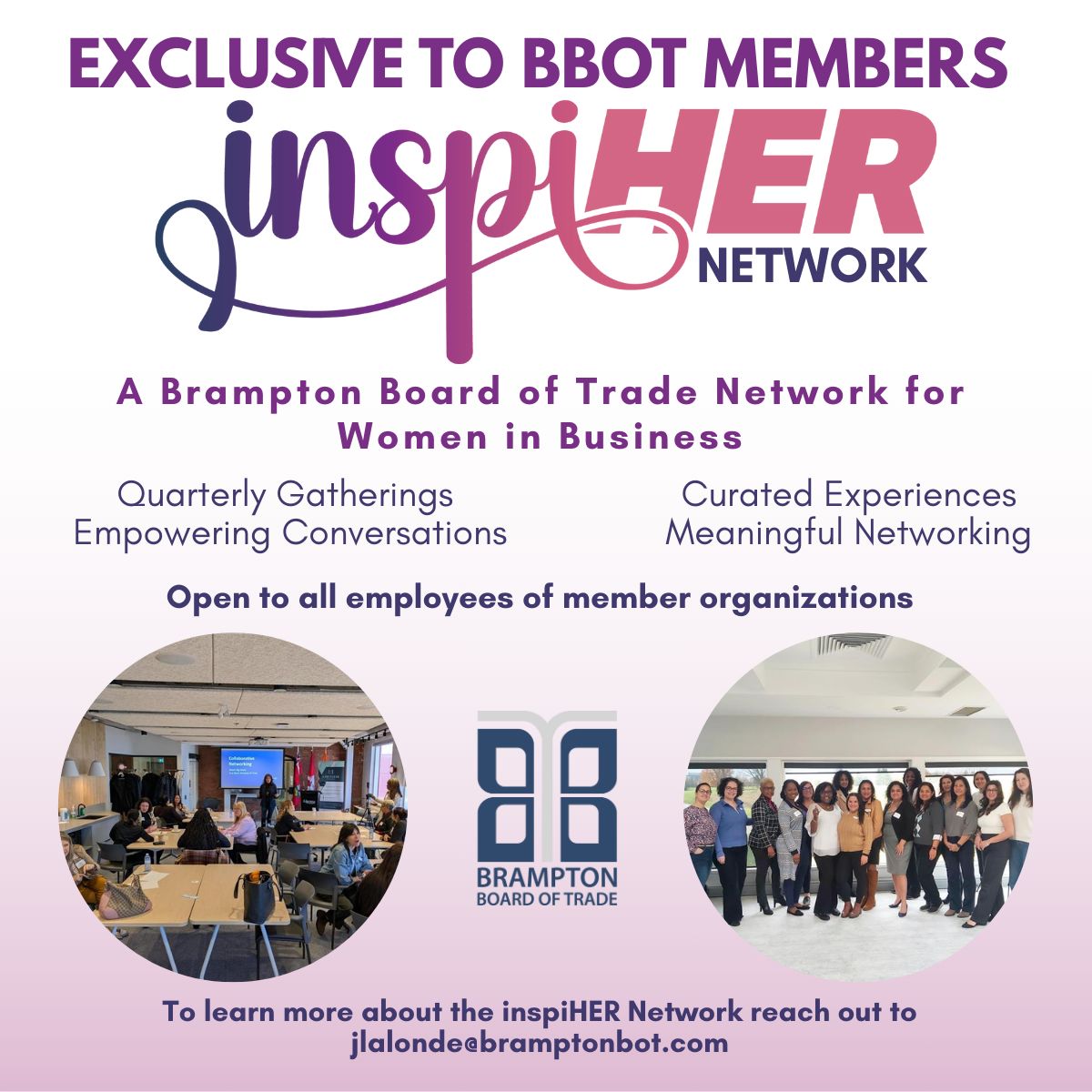 BramptonBOT (@bramptonbot) on Twitter photo Surround yourself with bold, brilliant women driving Bramptonโs business forward ๐ผ๐ก
inspiHER is more than a networkโitโs a movement.
Open to all BBOT member employees.
๐ฉ jlalonde@bramptonbot.com
#inspiHER #WomenInBusiness #BBOT #BramptonNetworking Surround yourself with bold, brilliant women driving Bramptonโs business forward ๐ผ๐ก
inspiHER is more than a networkโitโs a movement.
Open to all BBOT member employees.
๐ฉ jlalonde@bramptonbot.com
#inspiHER #WomenInBusiness #BBOT #BramptonNetworking