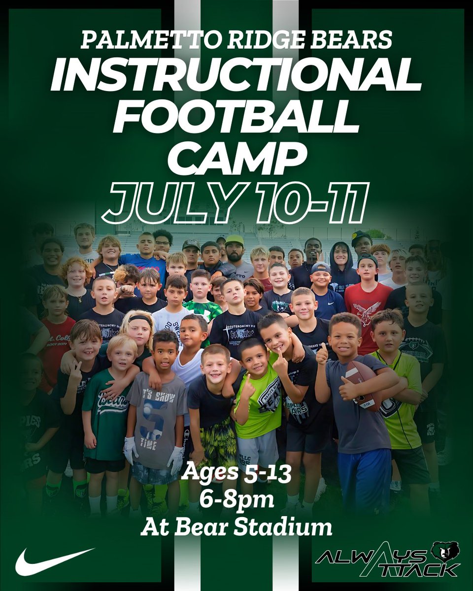 Palmetto Ridge Football (@prbearsfootball) on Twitter photo Join us for the Palmetto Ridge Instructional Football Camp, an exciting opportunity for young athletes ages 5-13 to sharpen their football skills!
#AlwaysAttack
Use this URL to Sign Up!
eventcreate.com/e/prbearsfbcamp
<a href="/PalmettoRidgeHS/">Palmetto Ridge</a> #PRHS #PalmettoRidge #highschoolfootball #fhsaa Join us for the Palmetto Ridge Instructional Football Camp, an exciting opportunity for young athletes ages 5-13 to sharpen their football skills!
#AlwaysAttack
Use this URL to Sign Up!
eventcreate.com/e/prbearsfbcamp
<a href="/PalmettoRidgeHS/">Palmetto Ridge</a> #PRHS #PalmettoRidge #highschoolfootball #fhsaa