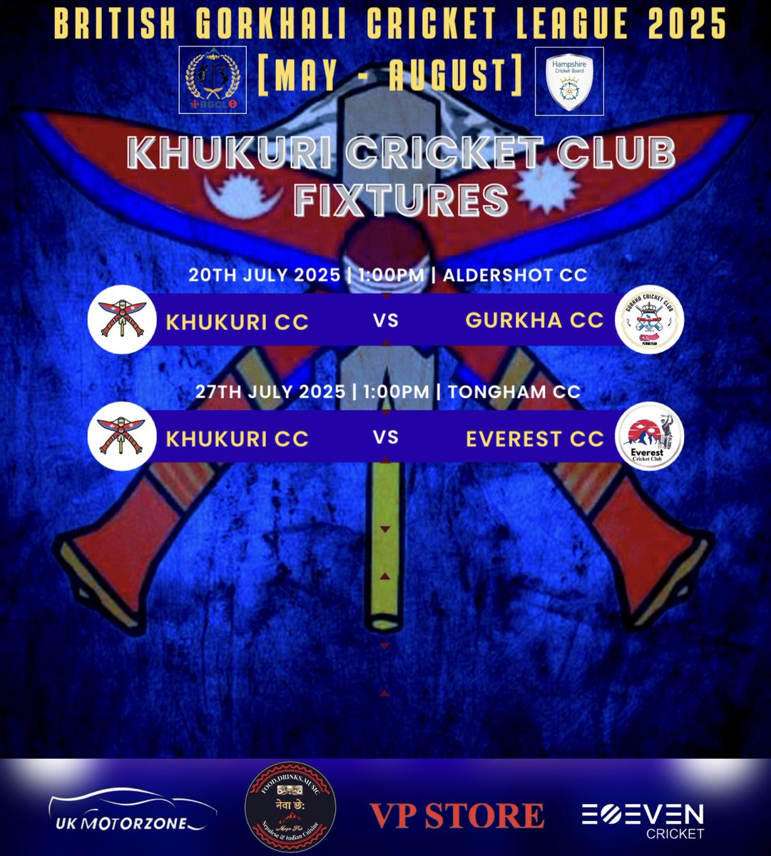 CricketKhukuri's tweet photo. It’s almost time for biggest event in Nepalese cricket league. Here’s our fixture for British Gorkhali Cricket League. Hope for a great season ahead & good luck to all the teams . 🏏
Sponsor by :
•Newa Che Maya Pub London
•VP Store
•UK Motorzone
#kcc #bgcl #hampshire https://t.co/jTPDDsp4vw