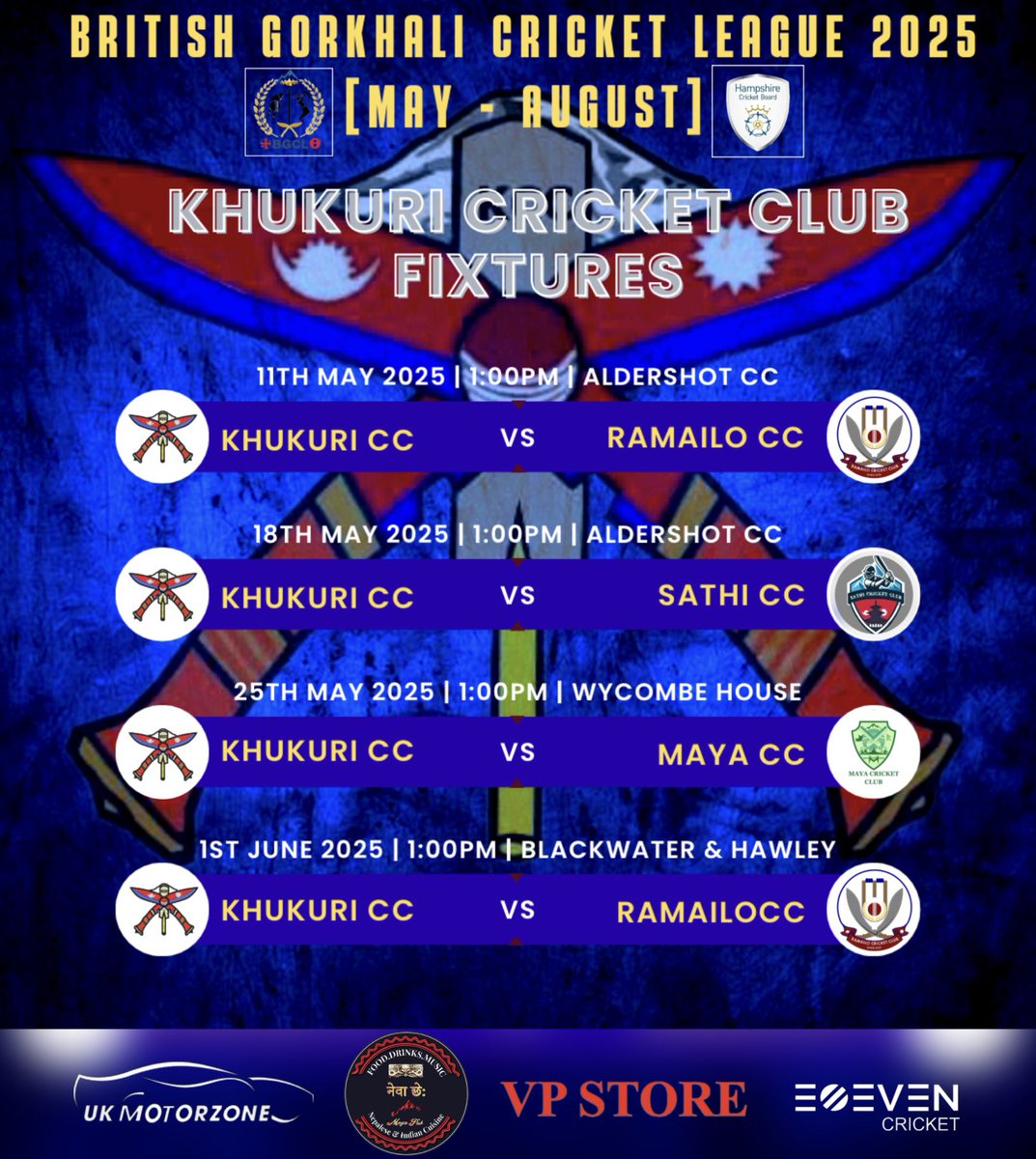 CricketKhukuri's tweet photo. It’s almost time for biggest event in Nepalese cricket league. Here’s our fixture for British Gorkhali Cricket League. Hope for a great season ahead & good luck to all the teams . 🏏
Sponsor by :
•Newa Che Maya Pub London
•VP Store
•UK Motorzone
#kcc #bgcl #hampshire https://t.co/jTPDDsp4vw