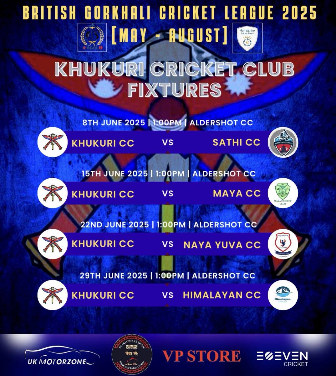 CricketKhukuri's tweet photo. It’s almost time for biggest event in Nepalese cricket league. Here’s our fixture for British Gorkhali Cricket League. Hope for a great season ahead & good luck to all the teams . 🏏
Sponsor by :
•Newa Che Maya Pub London
•VP Store
•UK Motorzone
#kcc #bgcl #hampshire https://t.co/jTPDDsp4vw