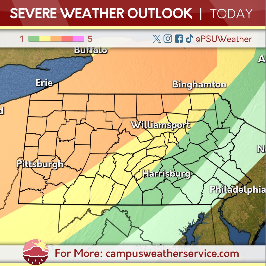 Severe weather day across the Commonwealth with a large portion under a enhanced risk. Hazards include straight-line winds, hail, and an isolated tornado or two ⚡ #pawx #pennstate @pennstate