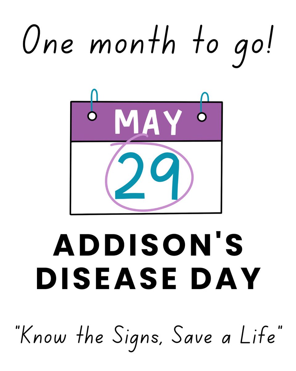 AddisonsUK's tweet photo. Just 1 month until #AddisonsDiseaseDay on 29 May! This year’s theme is: "Know the Signs, Save a Life", highlighting the Sick Day Rules.

☕ Host an Addison's Afternoon Tea
🩺 Set up an awareness stand at your hospital
📣 Share your story

Get involved 👉 https://t.co/YMvDa62nnC https://t.co/yKdbdGudtL