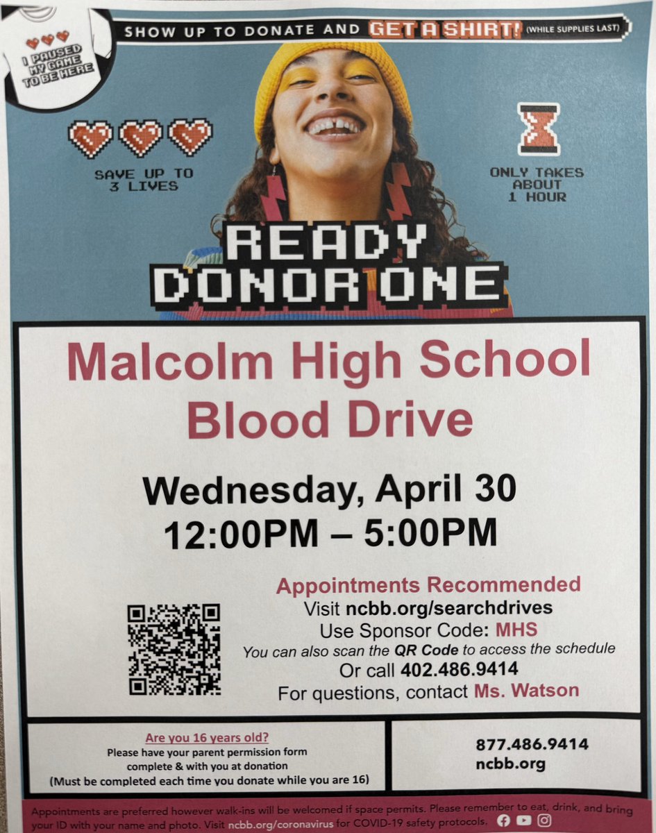 sciencekim's tweet photo. There are still a few appointment slots available! Help Malcolm High School earn scholarship money for our seniors from #NEBloodBank https://t.co/L4b0Swzvnb