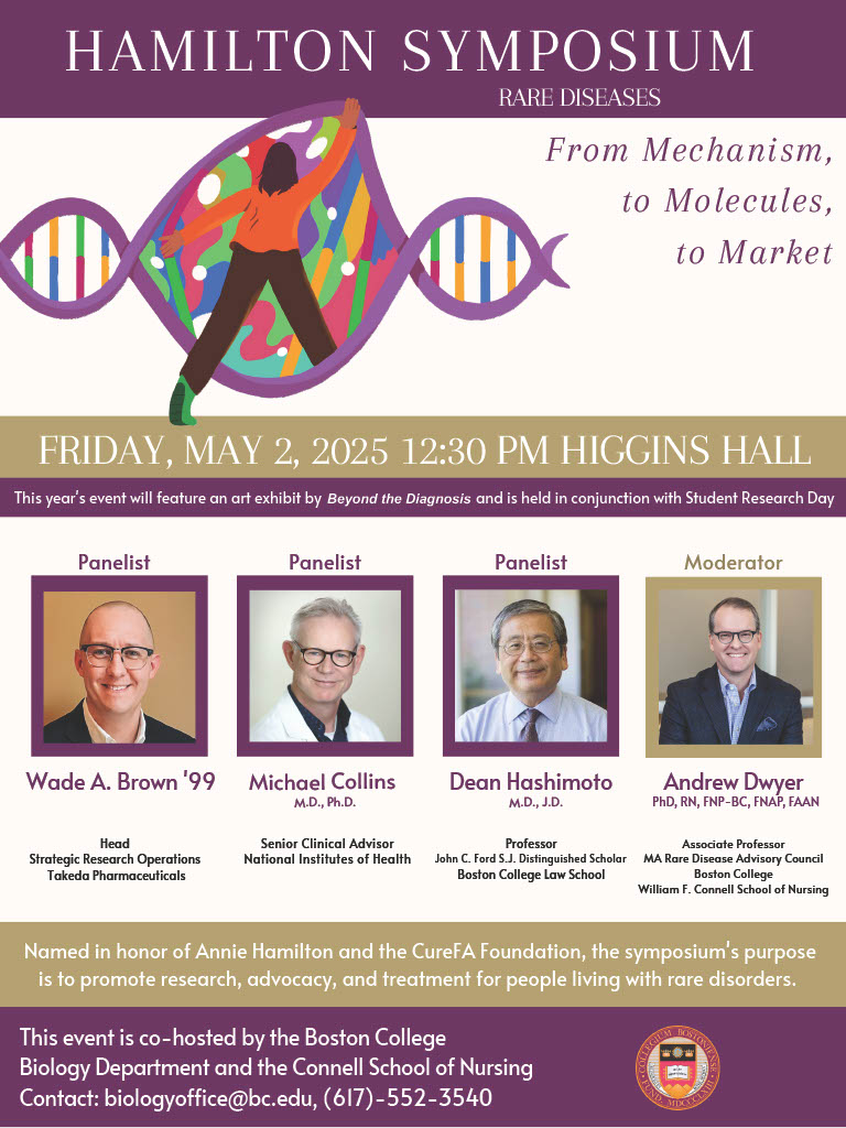 The 2025 Hamilton Symposium will be held on 5/2/2025 at 12:30PM in Higgins Hall 300 at Boston College! 

This year's Panelists are Wade Brown, Michael Collins M.D., Ph.D., and Dean Hashimoto M.D., J.D., and the discussion will be moderated by Andrew Dwyer, Ph.D., RN.