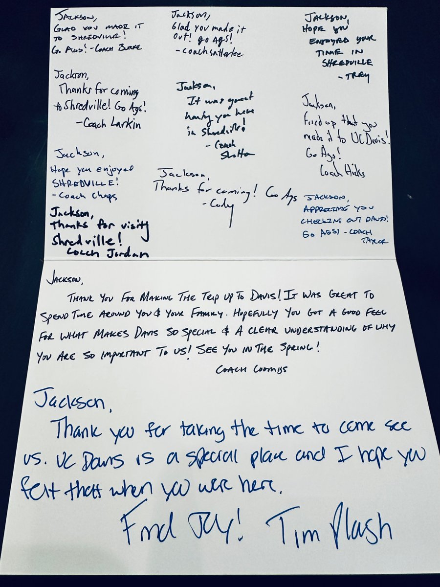 Jackson Forté (@jacksonforte18) on Twitter photo Thank You to the entire coaching staff at UC Davis for the card. I really appreciate the love!
<a href="/UCDfootball/">UC Davis Football</a> <a href="/Coach_CoombsUCD/">Matt Coombs</a> <a href="/CoachJerryBrady/">Jerry Brady</a> <a href="/CoachD_Jordan/">CoachDuMaurierJordan</a> <a href="/TheCoachHicks5/">Evan Hicks</a> <a href="/CoachChapatte/">Taylor Chapatte</a> <a href="/cocfb/">Cougars Football</a> <a href="/CoachICOC/">Coach Iacenda</a> <a href="/DCorbet55/">Coach Corbet</a> <a href="/CoachKellyCOC/">EK</a> <a href="/Reno818/">Reno Watkins</a> <a href="/CoachSethAdam3/">Seth Oseransky</a>
#GoAgs #Shredville Thank You to the entire coaching staff at UC Davis for the card. I really appreciate the love!
<a href="/UCDfootball/">UC Davis Football</a> <a href="/Coach_CoombsUCD/">Matt Coombs</a> <a href="/CoachJerryBrady/">Jerry Brady</a> <a href="/CoachD_Jordan/">CoachDuMaurierJordan</a> <a href="/TheCoachHicks5/">Evan Hicks</a> <a href="/CoachChapatte/">Taylor Chapatte</a> <a href="/cocfb/">Cougars Football</a> <a href="/CoachICOC/">Coach Iacenda</a> <a href="/DCorbet55/">Coach Corbet</a> <a href="/CoachKellyCOC/">EK</a> <a href="/Reno818/">Reno Watkins</a> <a href="/CoachSethAdam3/">Seth Oseransky</a>
#GoAgs #Shredville