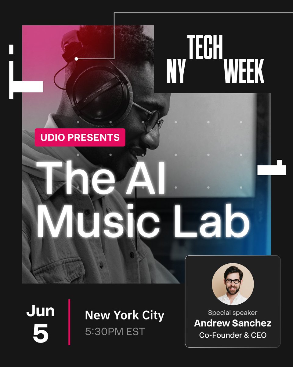 Udio Presents: The AI Music Lab — happening June 5th during #NYTechWeek! Our CEO &amp; Co-founder, Andrew Sanchez will be speaking, with more special guests to be announced. We can’t wait to see you all there! 🎶 <a href="/a16z/">a16z</a> @techweek_ tech-week.com 

RSVP