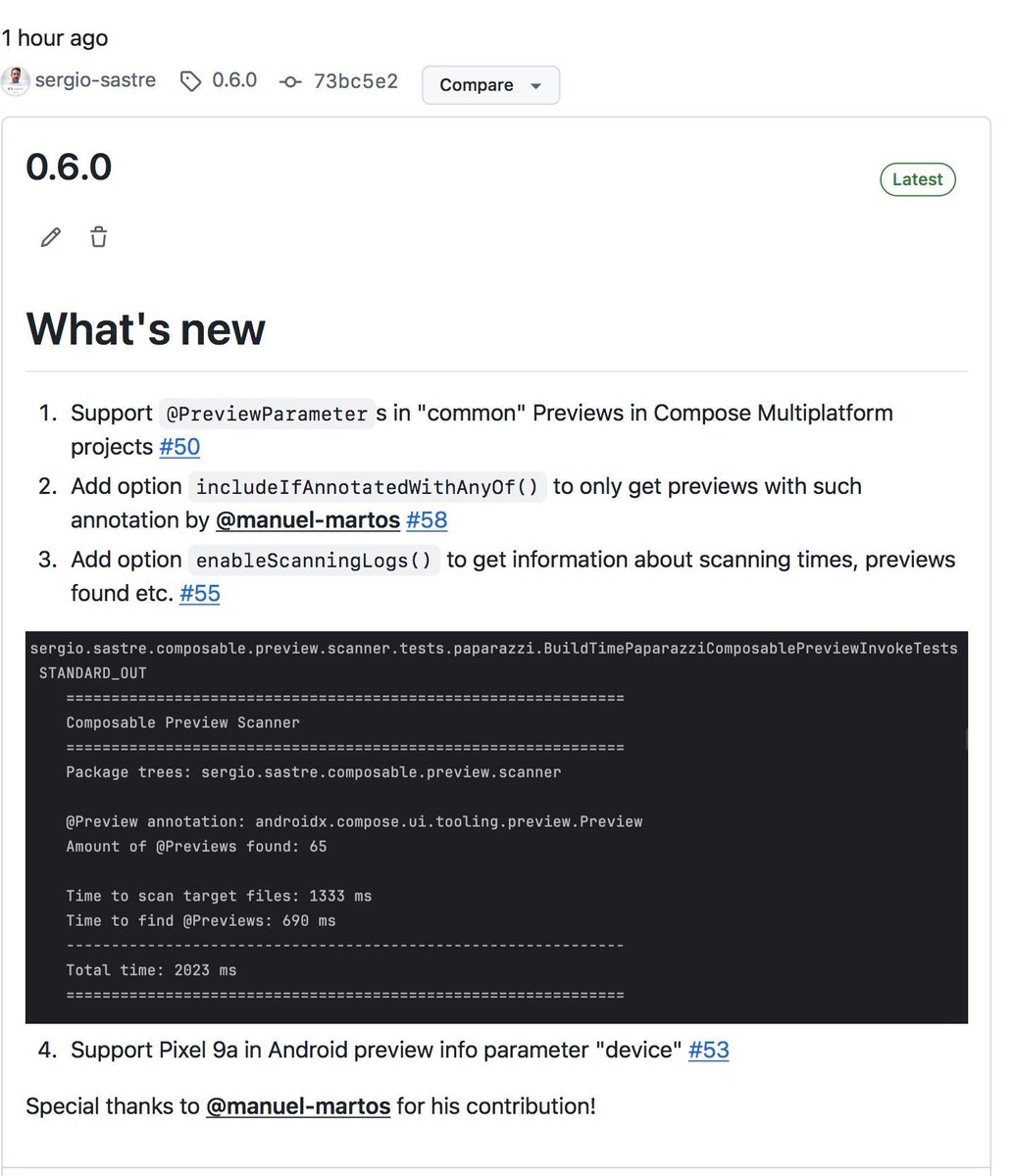 🔍ComposablePreviewScanner 0.6.0 is out!
github.com/sergio-sastre/…

Supports @PreviewParameter in Compose Multiplatform Previews + some small nice additions to the API 😊

With them I can also confirm that it’s very fast 🏎️ &amp; have a benchmark I can use to make it even faster⚡️