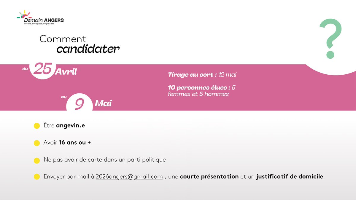 👉 Vous avez envie de vous impliquer pour #Angers ?

👥 Rejoignez le collège citoyen de Demain Angers !

🌱 Pas besoin d’être membre d’un parti, juste l’envie de s’impliquer pour une ville plus juste, écologique et démocratique

#Democratie #DemainAngers #Municipales2026 #Actu