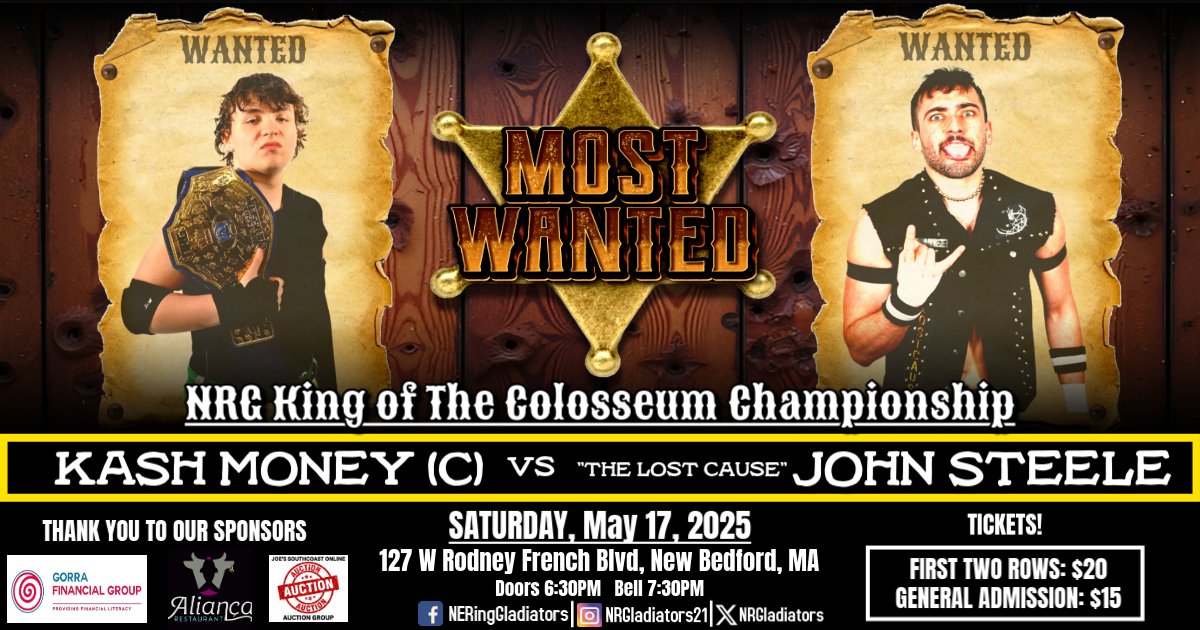 After a hard fought battle against former friend Aaron Cademia, "The Hilite Kid" Kash Money defends the NRG King of The Colosseum Championship against "The Lost Cause" John Steele at Most Wanted!

Tickets are On Sale Now!
FIRST TWO ROWS: $20 
GENERAL ADMISSION: $15