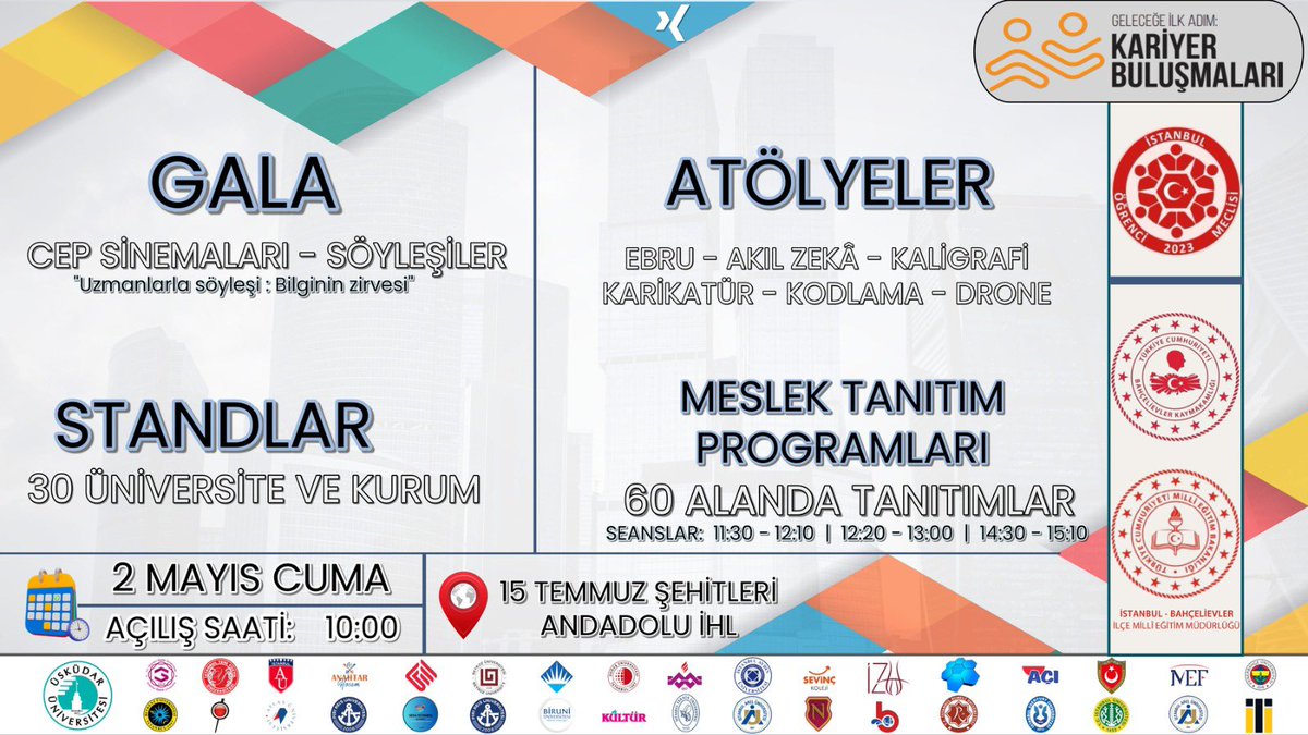 11. Ve 12. Sınıf öğrencilerimizle birlikte 2.05.2025 Cuma günü 15 Temmuz Şehitleri Anadolu İmam Hatip Lİsesinde düzenlenecek olan Kariyer Buluşmaları Etkinliğine katılım sağlıyoruz.
<a href="/istanbulilmem/">İstanbul İl Millî Eğitim Müdürlüğü</a>
@BahcelievlerMEM
<a href="/durmuscelikten/">Durmuş ÇELİKTEN</a>