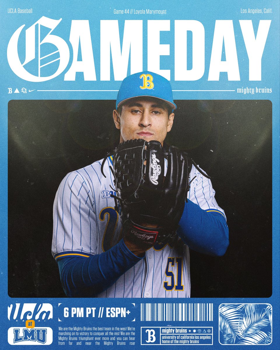 UCLA Baseball (@uclabaseball) on Twitter photo Local midweek clash with the Lions ๐
๐| <a href="/lmulionsBSB/">LMU Baseball</a>
๐| Page Stadium
โฐ| 6 PM PT
๐บ| ESPN+
๐ฅ๏ธ| bit.ly/3GqXLDJ
๐| uclalivestats.com
#GoBruins Local midweek clash with the Lions ๐
๐| <a href="/lmulionsBSB/">LMU Baseball</a>
๐| Page Stadium
โฐ| 6 PM PT
๐บ| ESPN+
๐ฅ๏ธ| bit.ly/3GqXLDJ
๐| uclalivestats.com
#GoBruins