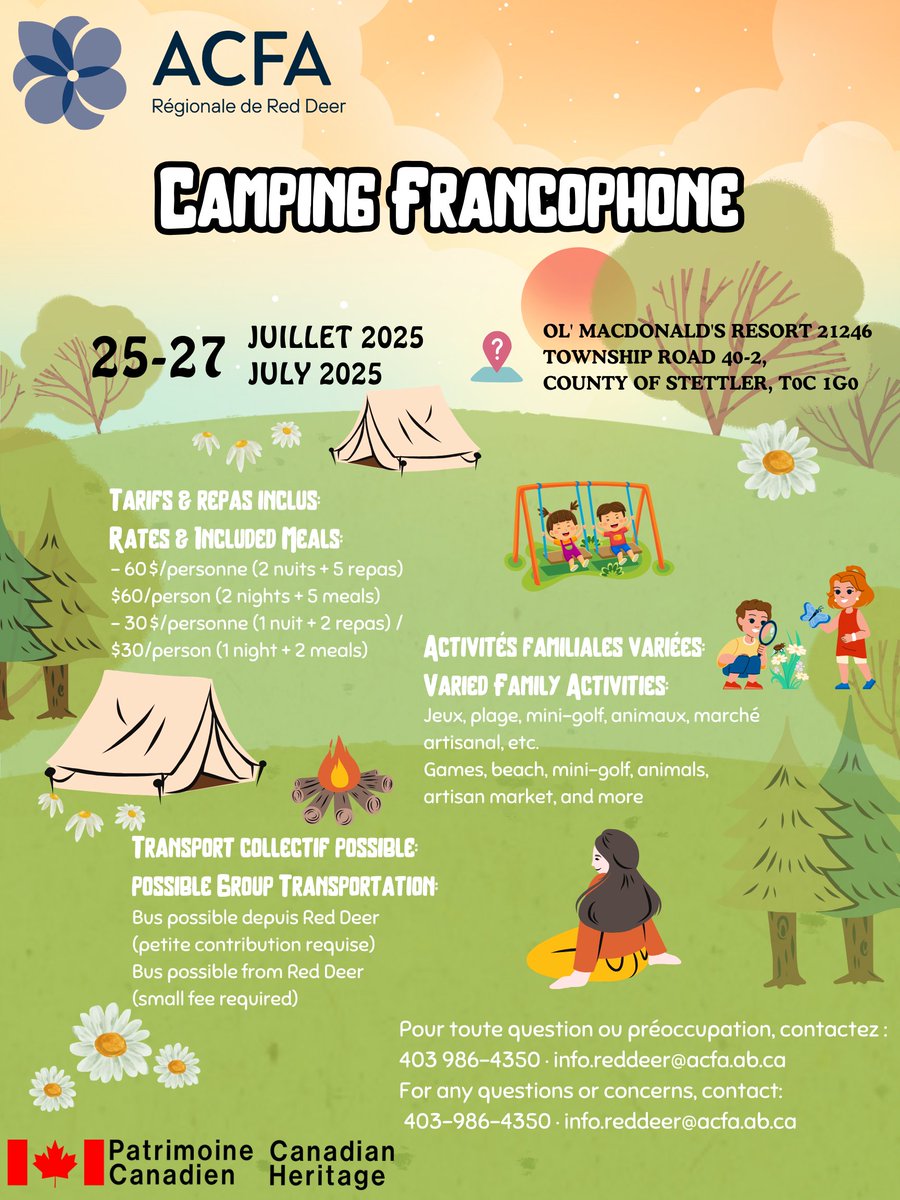 🏕️ Camping Francophone 2025
🗓️ July 25–27 | 📍 Ol' MacDonald's Resort
Un week-end 100% en français avec l’ACFA!
💸 $60: 2 nuits + 5 repas
🎨 Jeux, plage, manèges, &amp; plus!
📲 Inscription avant le 9 mai: forms.gle/qR1UAVZrsGjJ2Y…
#CampingFrancophone #ACFARedDeer #FrancoFun 🏕️