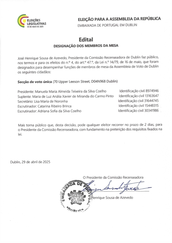 Eleições Legislativas 2025 - Designação dos Membros da Mesa

#comunidadeportuguesa #DiasporaPortuguesa #diaspora #portuguesespelomundo #portugal #eleicoes2025 #voto #votar #legislativas2025 #legislativas #eleitores #eleitorado #eleicoesportuguesas #AR2025 #AssembleiaRepublica