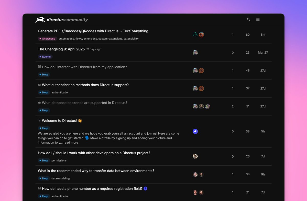 Big news! Today we launched a new community forum: community.directus.io.

With our move, we're excited for new and longtime users to be able to:

✅ Find answers faster
✅ Share knowledge that lasts
✅ Connect across the entire community

We’re not closing our Discord — it’ll