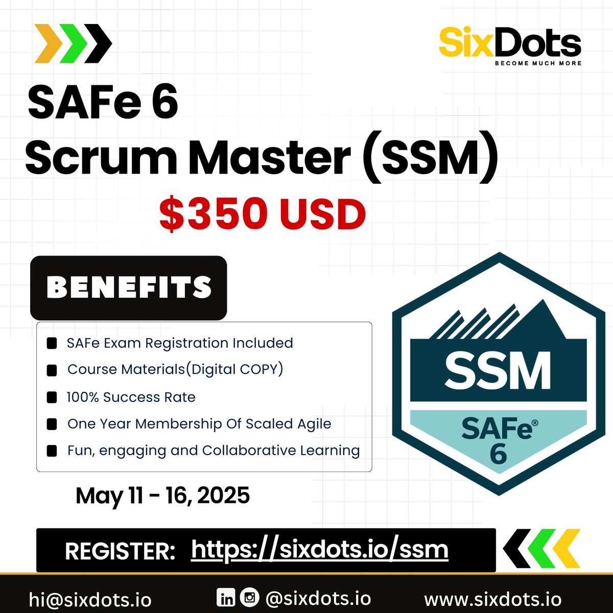 Deals you can steal.
No one can refuse this.
News you can use.

SAFe Scrum Master Training (and exam) for just $350USD. 

Hurry, visit sixdots.io/ssm to register 

Class starts May 11. 

If you are in Nigeria, reach out for even sweeter deal.
