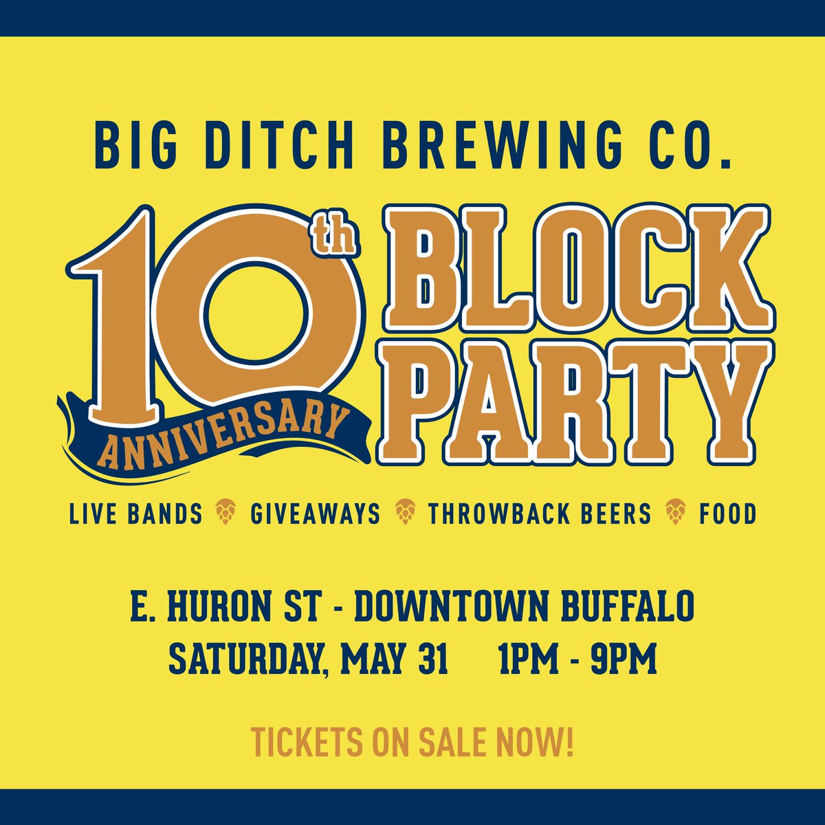 🎉 We’re turning 10—so we’re throwing a BLOCK PARTY! 🎉

Saturday, May 31 (1–9PM) as we shut down Huron St for the biggest bash in Big Ditch history!
 🍻 Throwback beers
 🎶 Live music ft. XOXO Pop Band 
 🍔 Special food menu
 🎁 Giveaways &amp; more

Tickets: bit.ly/BDBC10th