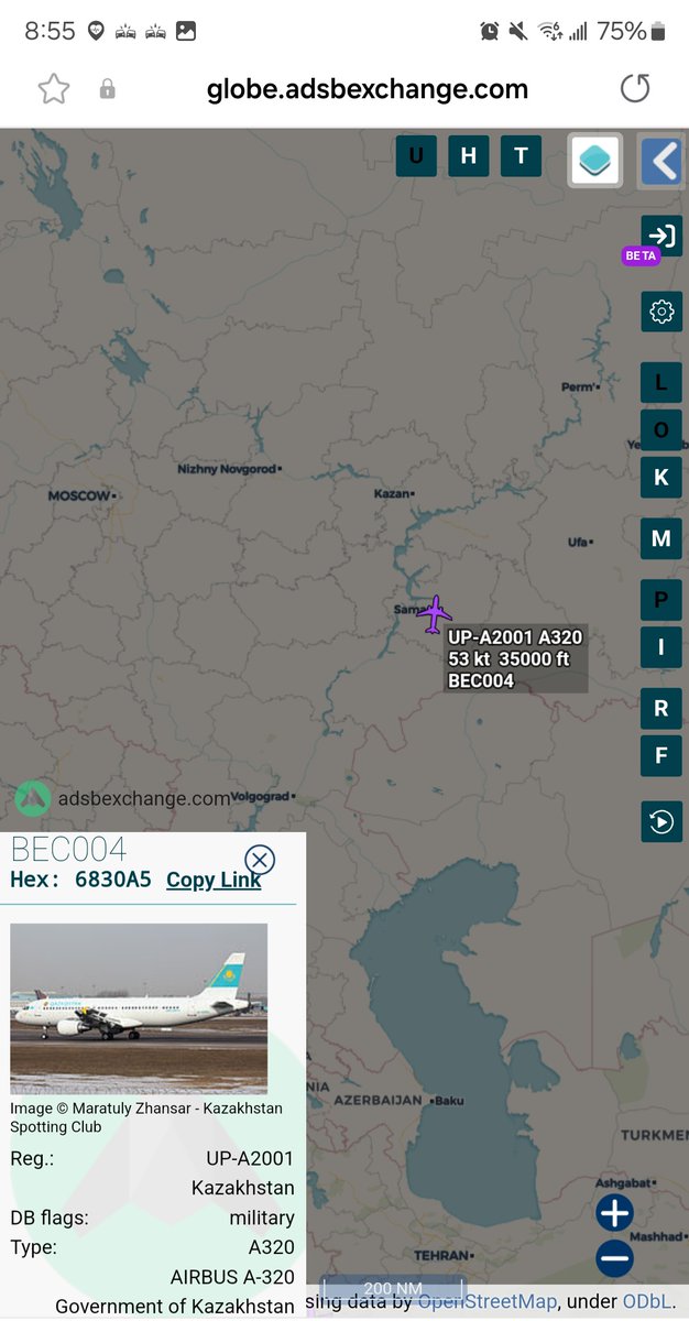Borrowed7Time's tweet photo. Kazakhstan Govt A320 UP-A2001 #6830A5 as BEC004 departed Astana, tracking over Russia in the direction of Moscow. 
@Dinlas3 @sipjack1776 https://t.co/JvmrCHkFwP