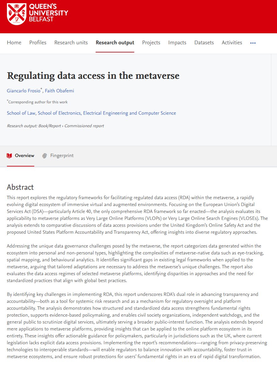 Giancarlo Frosio (@gcfrosio) on Twitter photo 🚀 Our report, Regulating Data Access in the Metaverse, commissioned by the UK <a href="/DCMS/">Department for Culture, Media and Sport</a>, is now live @ pure.qub.ac.uk/en/publication…! We explore how legal and technical frameworks can enable research access while protecting #FRs in the #Metaverse. <a href="/qubschooloflaw/">QUB School of Law</a> <a href="/GIPTechCentre/">G-IPTech Centre</a> <a href="/QUBEEECS/">QUB - EEECS</a> 🚀 Our report, Regulating Data Access in the Metaverse, commissioned by the UK <a href="/DCMS/">Department for Culture, Media and Sport</a>, is now live @ pure.qub.ac.uk/en/publication…! We explore how legal and technical frameworks can enable research access while protecting #FRs in the #Metaverse. <a href="/qubschooloflaw/">QUB School of Law</a> <a href="/GIPTechCentre/">G-IPTech Centre</a> <a href="/QUBEEECS/">QUB - EEECS</a>