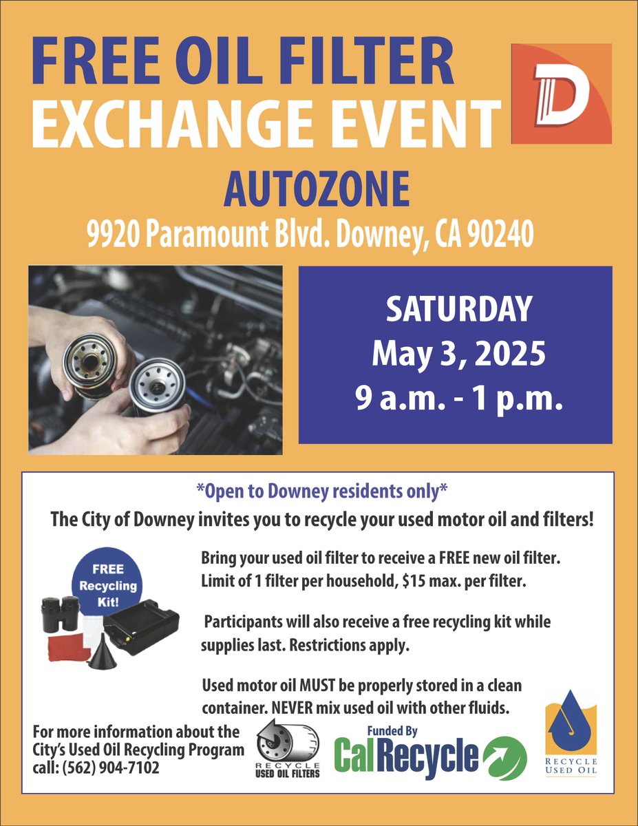 Recycle your used motor oil and filters at the FREE Oil Filter Exchange Event. Bring in a used oil filter and receive a new one at no cost.

Open to Downey residents only. For more information, call (562) 904-7102.

#CityofDowney #DowneyCA