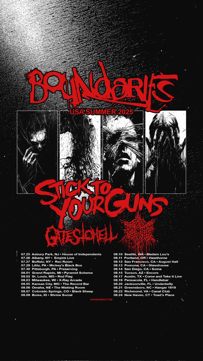 Boundaries (@boundariesct) on Twitter photo We’re headlining across the US again this summer and we’re bringing our friends in @stygoc @gatestohell502 and <a href="/psychoframedc/">PSYCHO-FRAME</a> along with us.
Artist presale starts tomorrow at 12pm local time.
boundariesct.com | Use password: DILM
General tickets are on sale this Friday We’re headlining across the US again this summer and we’re bringing our friends in @stygoc @gatestohell502 and <a href="/psychoframedc/">PSYCHO-FRAME</a> along with us.
Artist presale starts tomorrow at 12pm local time.
boundariesct.com | Use password: DILM
General tickets are on sale this Friday