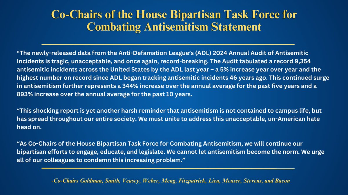 Statement from all 10 Task Force Co-Chairs on <a href="/ADL/">ADL</a>'s 2024 Annual Audit of Antisemitic Incidents