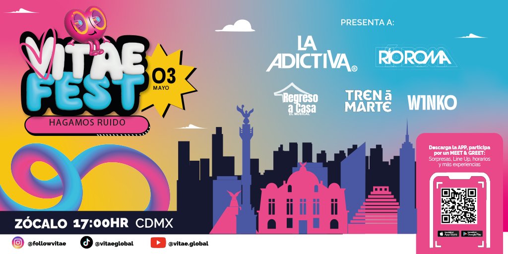 ExaFM's tweet photo. 🎉 ¡@VitaeFest está por acaparar el Zócalo! presentando a:
🎤 La Adictiva, Río Roma, Regresa a Casa, Tren a Marte y Winko
📍 Zócalo CDMX – 17:00 hrs
¿Quieres conocerlos? 😱
📲 Descarga la app y participa por un meet & greet exclusivo
#VitaeFest #HagamosRuido ##zocalocdmx https://t.co/HZaC88JYJ2