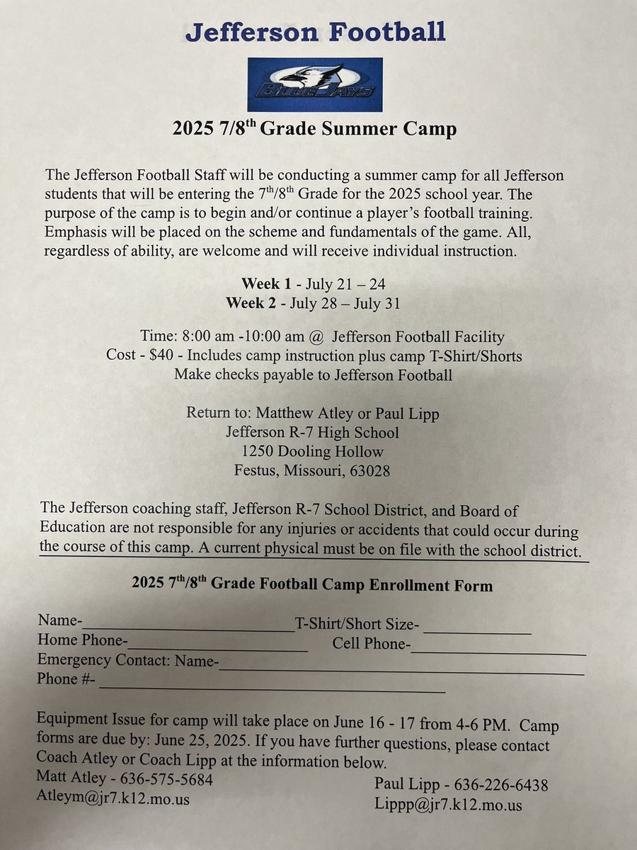 R7_Football's tweet photo. Reminder to make sure you get signed up for MS football. You can turn forms into Coach Lipp or Coach Atley. #JayPride #JayUp https://t.co/12Jq3eb0AB
