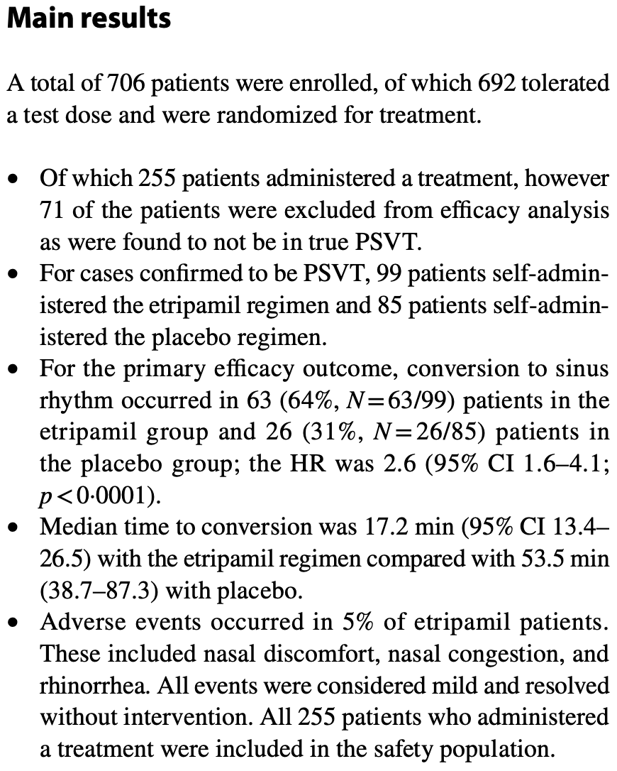 CJEM (@cjemonline) on Twitter photo CJEM Journal Club
Self-administered IN etripamil: a new Tx to keep SVT out of the ED? by Lauren Roberts <a href="/robwoodsuofs/">Rob Woods (he/him)</a>
rdcu.be/ejS1q
IN Etripamil appears to convert SVT safely and effectively in patients with paroxysmal SVT in a non-healthcare setting CJEM Journal Club
Self-administered IN etripamil: a new Tx to keep SVT out of the ED? by Lauren Roberts <a href="/robwoodsuofs/">Rob Woods (he/him)</a>
rdcu.be/ejS1q
IN Etripamil appears to convert SVT safely and effectively in patients with paroxysmal SVT in a non-healthcare setting
