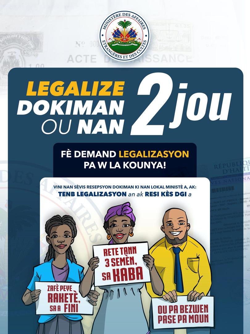 Le Ministère des Affaires Etrangères et des Cultes @mae_haiti réforme son service de légalisation des documents. Légalisez vos documents et actes publics en seulement 2 jours ouvrables.
#missiondeservicepublic
#proximiteaveclescitoyens
#protectiondesinteretsdescitoyens