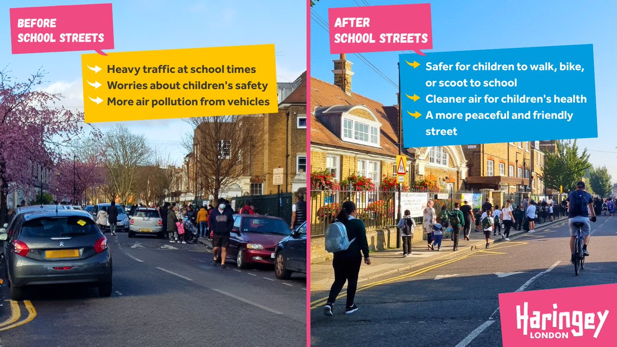 See the transformation!✨

Our before &amp; after photo shows the benefits of a School Street for children: safer, cleaner, better for active travel 🎒🚲

🗨️ We want to hear from you!

Share your views on the future of School Streets in Haringey by 9 May 2025: bit.ly/3GuwX5w
