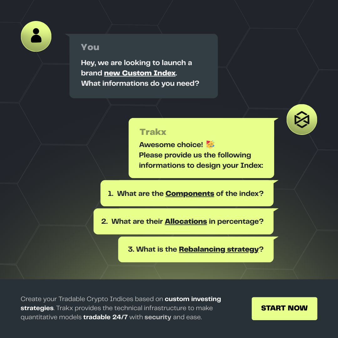Create your own crypto index fund with Trakx Solutions! 📢

Want to launch your own crypto investment product? With Trakx Solutions, you can create a custom Crypto Tradable Index (CTI) in just a few steps. Whether you're a KOL, DAO, or institution, we provide the tech,