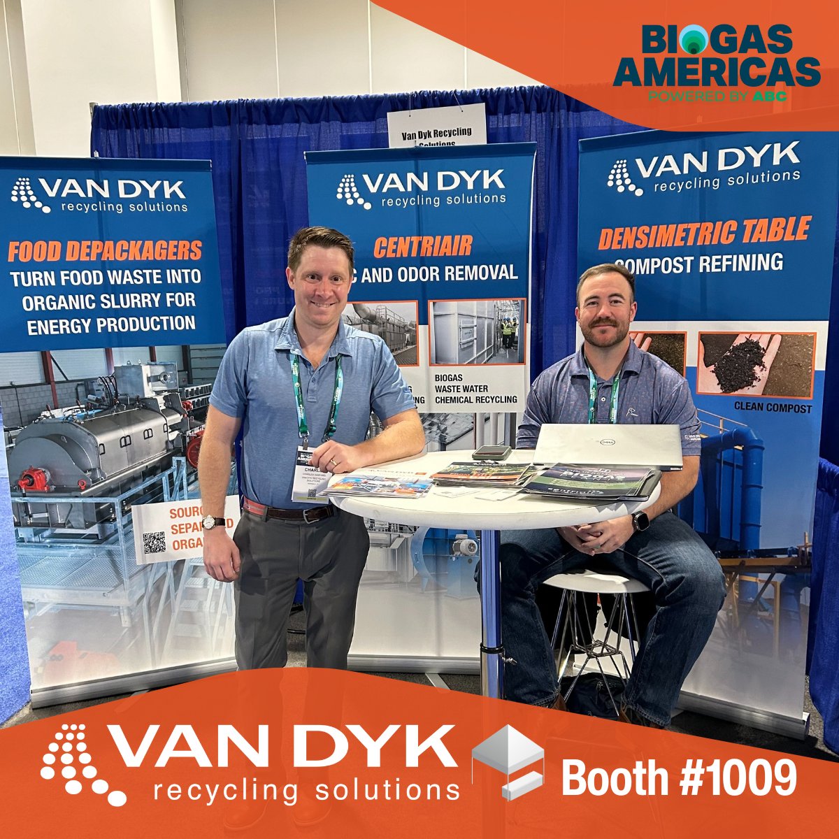 VanDykRecycling's tweet photo. We’re LIVE at #BiogasAmericas2025! ♻️

Visit Van Dyk at Booth #1009 to see Smicon's 90%+ recovery depackager &amp; Centriair's 99% odor control tech in action.

Meet Riley &amp; Charles in Denver, April 28–30!

#VanDykRecycling #Smicon #Centriair #BiogasTech https://t.co/9crLvacFiW