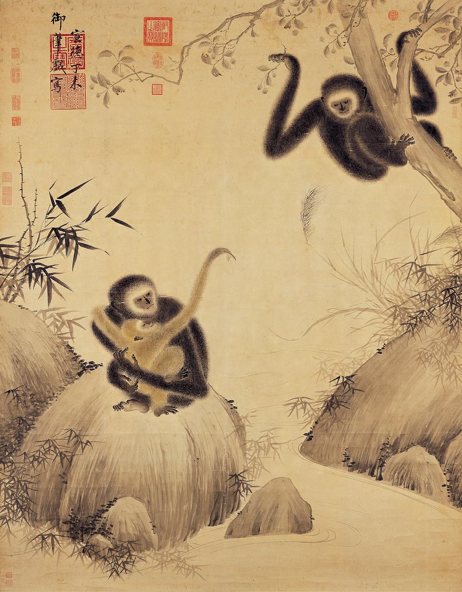 The painting "Gibbons at play" which was painted by Xuande Emperor it dates back to 1427, Ming dynasty.