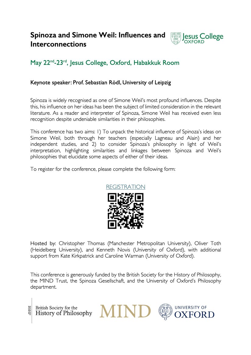 saditious's tweet photo. I'm very happy to finally be able to announce the programme for the conference 'Spinoza and Simone Weil: Influences and Interconnections.' To register, please use the following link: https://t.co/Hny9tj4mue

I look forward to meeting you all in May! https://t.co/HXJCa5r1F6