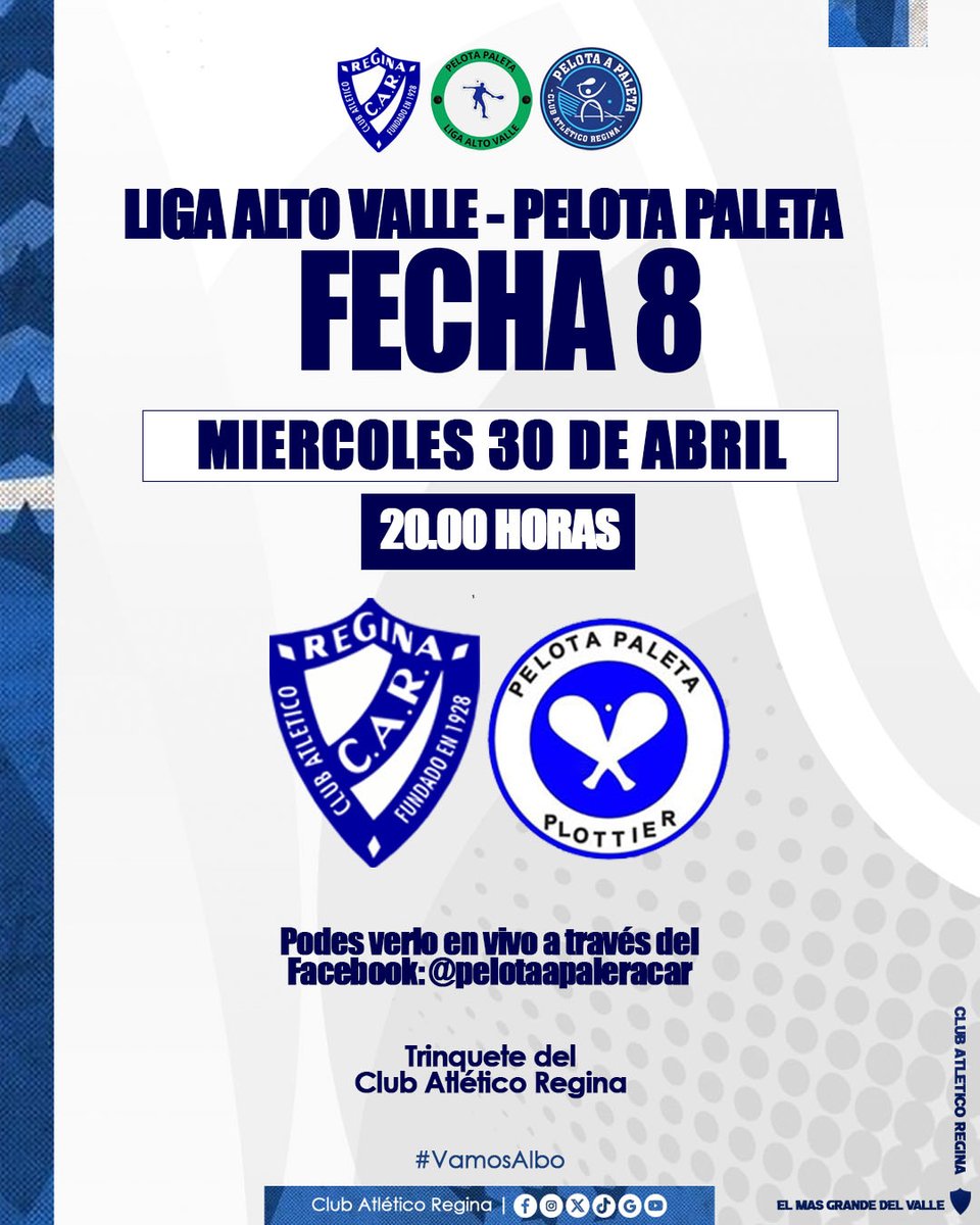 #PelotaPaleta | ¡REGINA RECIBE A CIPO POR LA LIGA ALTO VALLE!

Por la fecha 8 de la Liga Alto Valle de Pelota Paleta, Regina recibe a Cipolletti este miércoles desde las 20.00 hs en nuestro trinquete.

#VamosAlbo⚪🔵